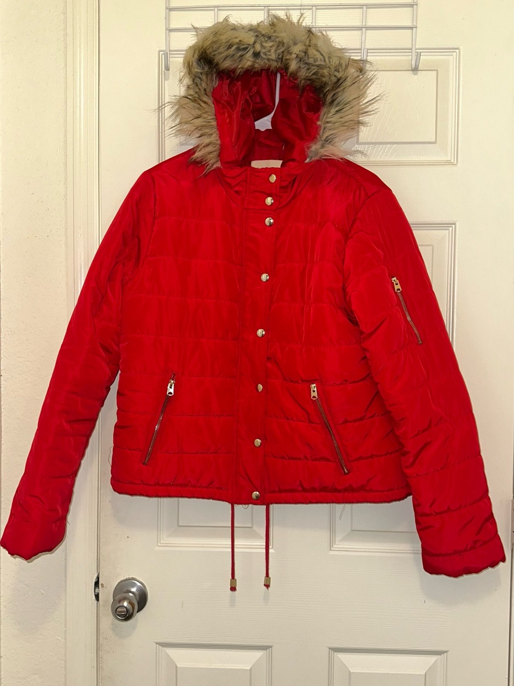 Thread & Supply Bright Red Hooded Puffer with Faux Fur Trim